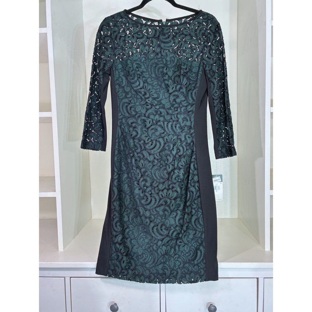 Lauren Ralph Lauren Lace Sheath Dres Womens 6 Green Black 3/4 Sleeve Knee Length